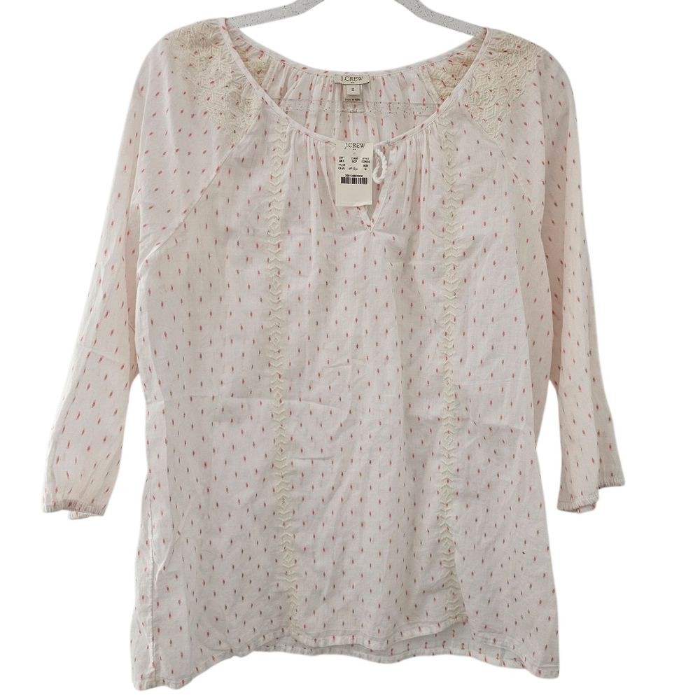 J Crew Womens Small Peasant Blouse Embroidered White Pink Print Tassel New Tags